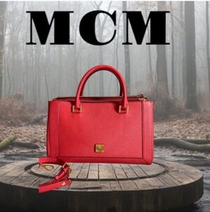 Authentic MCM Red Leather Satchel Shoulder Or Handbag
